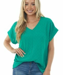 Cotton Bleu Jade Swiss Dot Short Sleeve V Neck Top
