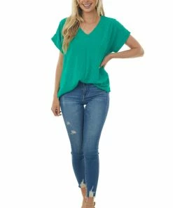 Cotton Bleu Jade Swiss Dot Short Sleeve V Neck Top
