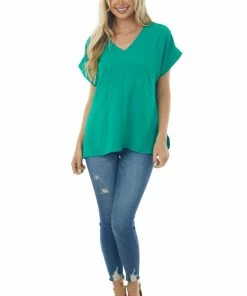 Cotton Bleu Jade Swiss Dot Short Sleeve V Neck Top