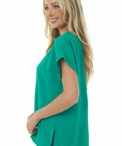 Cotton Bleu Jade Swiss Dot Short Sleeve V Neck Top