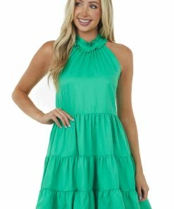 Glam Jade Tiered Halter Neck Dress With Pockets Dresses