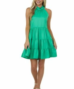 Glam Jade Tiered Halter Neck Dress With Pockets Dresses