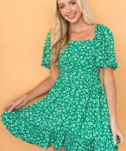 Petal Dew Jade Floral Open Back Bell Sleeve Short Dress