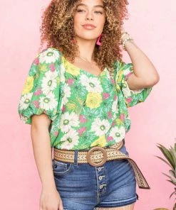 Flying Tomato Tops Jade Floral Short Puff Sleeve Woven Top