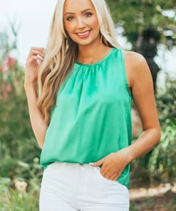 She + Sky Jade Open Cowl Back Sleeveless Satin Blouse