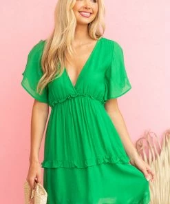 Umgee Dresses Jade V Neck Tiered Handkerchief Hem Dress
