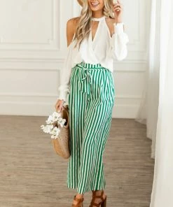 IWT Brands Bottoms Jade Striped Waist Tie Wide Leg Woven Pants
