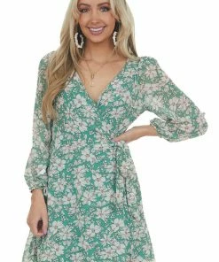 Lush Clothing Jungle Green Floral Wrap Style Mini Dress