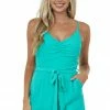 She + Sky Jungle Green Front Tie Romper With Side Pockets