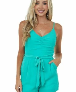 She + Sky Jungle Green Front Tie Romper With Side Pockets