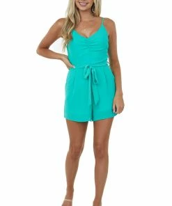 She + Sky Jungle Green Front Tie Romper With Side Pockets