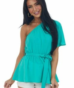 Staccato Tops Jungle Green One Shoulder Elastic Waist Blouse 12 Staccato Tops Jungle Green One Shoulder Elastic Waist Blouse