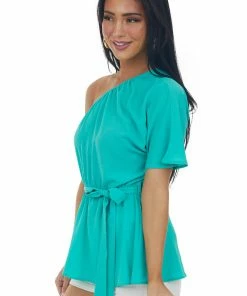 Staccato Tops Jungle Green One Shoulder Elastic Waist Blouse 15 Staccato Tops Jungle Green One Shoulder Elastic Waist Blouse