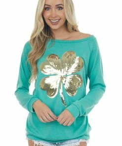 BiBi Jungle Green Sequined Clover Raglan Sweatshirt
