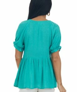 143 Story Jungle Green Swiss Dot Smocked Babydoll Flowy Top Tops