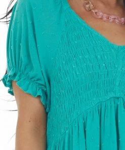 143 Story Jungle Green Swiss Dot Smocked Babydoll Flowy Top Tops