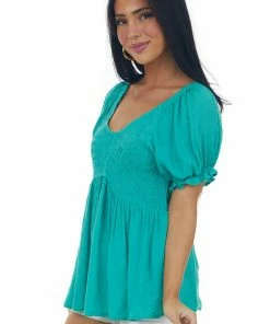 143 Story Jungle Green Swiss Dot Smocked Babydoll Flowy Top Tops