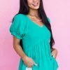 143 Story Jungle Green Swiss Dot Smocked Babydoll Flowy Top Tops