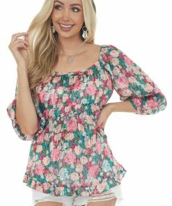 Umgee Juniper Floral Print Half Bubble Sleeve Blouse