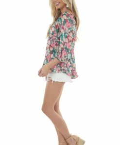 Umgee Juniper Floral Print Half Bubble Sleeve Blouse