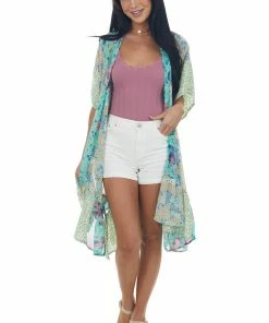 Umgee Juniper Multiprint Open Front Ruffle Kimono