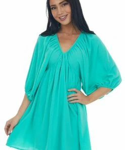 She + Sky Kelly Green Babydoll Balloon Sleeve Woven Dress Dresses