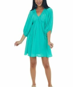 She + Sky Kelly Green Babydoll Balloon Sleeve Woven Dress Dresses