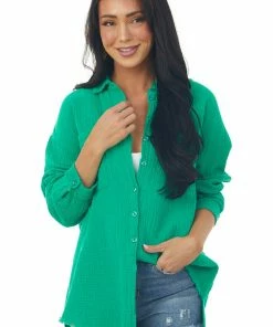 Davi & Dani Tops Kelly Green Button Down Lightweight Woven Top