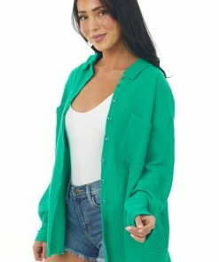 Davi & Dani Tops Kelly Green Button Down Lightweight Woven Top