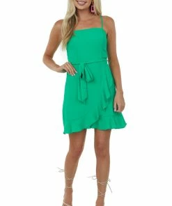 She + Sky Dresses Kelly Green Front Wrap Tie Ruffle Mini Cami Dress