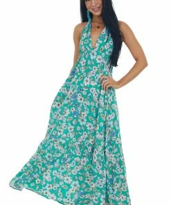 Timing Kelly Green Floral Halter Open Back Maxi Dress