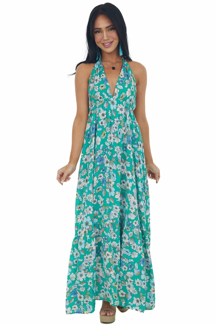 Timing Kelly Green Floral Halter Open Back Maxi Dress 5 Timing Kelly Green Floral Halter Open Back Maxi Dress