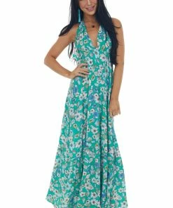 Timing Kelly Green Floral Halter Open Back Maxi Dress