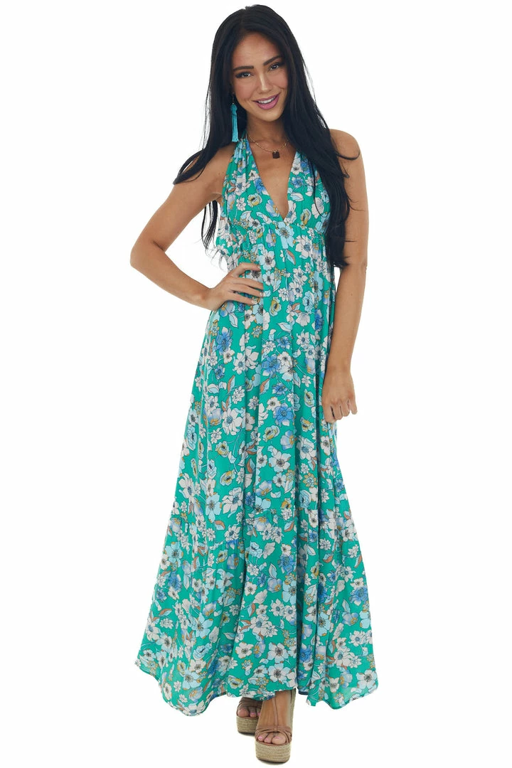 Timing Kelly Green Floral Halter Open Back Maxi Dress 4 Timing Kelly Green Floral Halter Open Back Maxi Dress