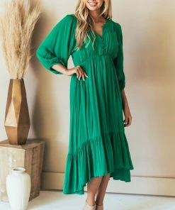 Umgee Kelly Green Notch Neck Dolman Sleeve Midi Dress