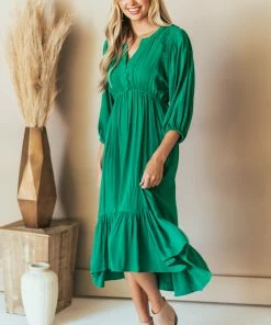 Umgee Kelly Green Notch Neck Dolman Sleeve Midi Dress