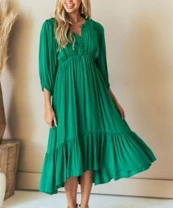 Umgee Kelly Green Notch Neck Dolman Sleeve Midi Dress