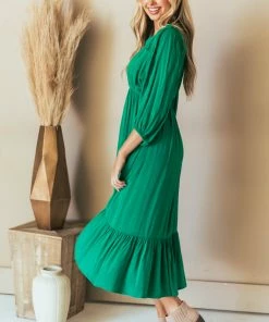 Umgee Kelly Green Notch Neck Dolman Sleeve Midi Dress