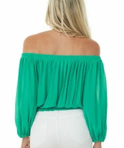 Flying Tomato Kelly Green Pleated Off The Shoulder Woven Blouse