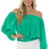 Flying Tomato Kelly Green Pleated Off The Shoulder Woven Blouse