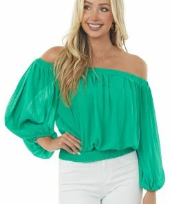 Flying Tomato Kelly Green Pleated Off The Shoulder Woven Blouse
