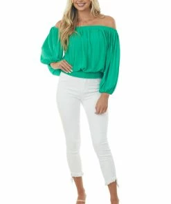 Flying Tomato Kelly Green Pleated Off The Shoulder Woven Blouse