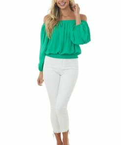 Flying Tomato Kelly Green Pleated Off The Shoulder Woven Blouse