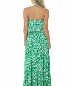 Aakaa Kelly Green Printed Strapless Overlay Detail Dress Dresses 16 Aakaa Kelly Green Printed Strapless Overlay Detail Dress Dresses