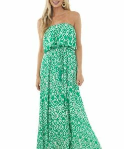 Aakaa Kelly Green Printed Strapless Overlay Detail Dress Dresses 13 Aakaa Kelly Green Printed Strapless Overlay Detail Dress Dresses