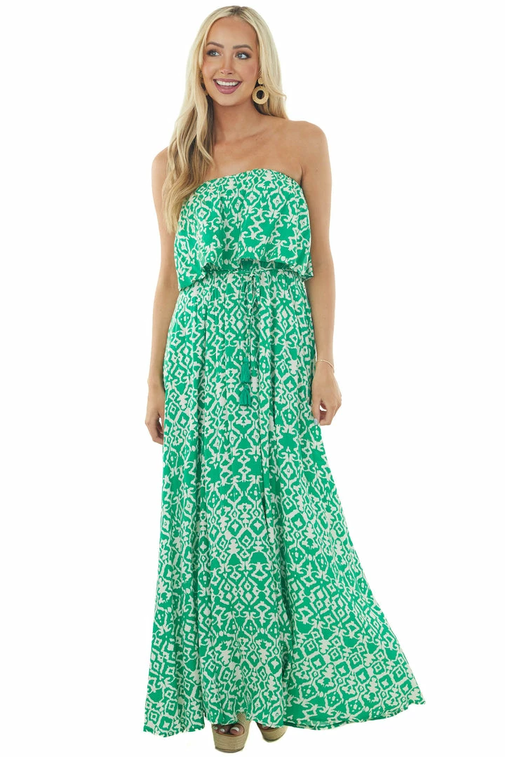 Aakaa Kelly Green Printed Strapless Overlay Detail Dress Dresses 6 Aakaa Kelly Green Printed Strapless Overlay Detail Dress Dresses