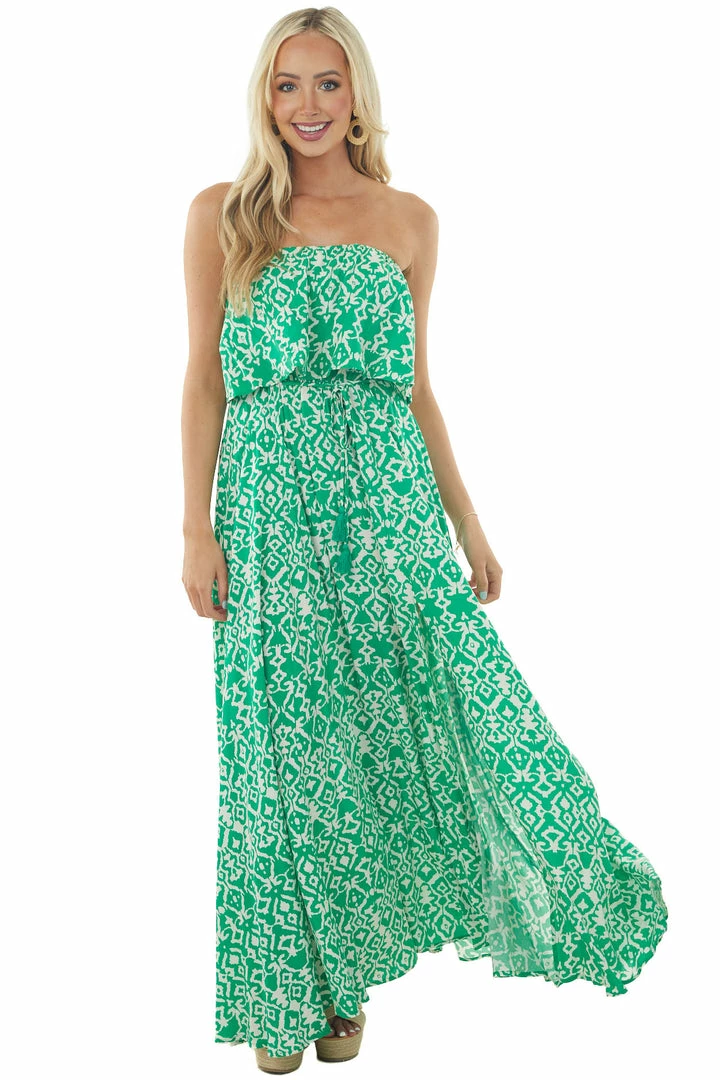 Aakaa Kelly Green Printed Strapless Overlay Detail Dress Dresses 5 Aakaa Kelly Green Printed Strapless Overlay Detail Dress Dresses