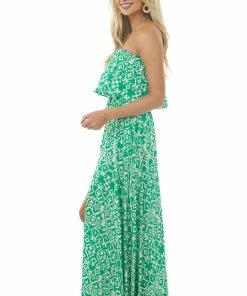Aakaa Kelly Green Printed Strapless Overlay Detail Dress Dresses 15 Aakaa Kelly Green Printed Strapless Overlay Detail Dress Dresses