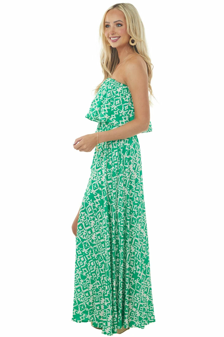 Aakaa Kelly Green Printed Strapless Overlay Detail Dress Dresses 8 Aakaa Kelly Green Printed Strapless Overlay Detail Dress Dresses