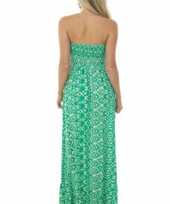 Aakaa Dresses Kelly Green Printed Strapless Tie Front Maxi Dress